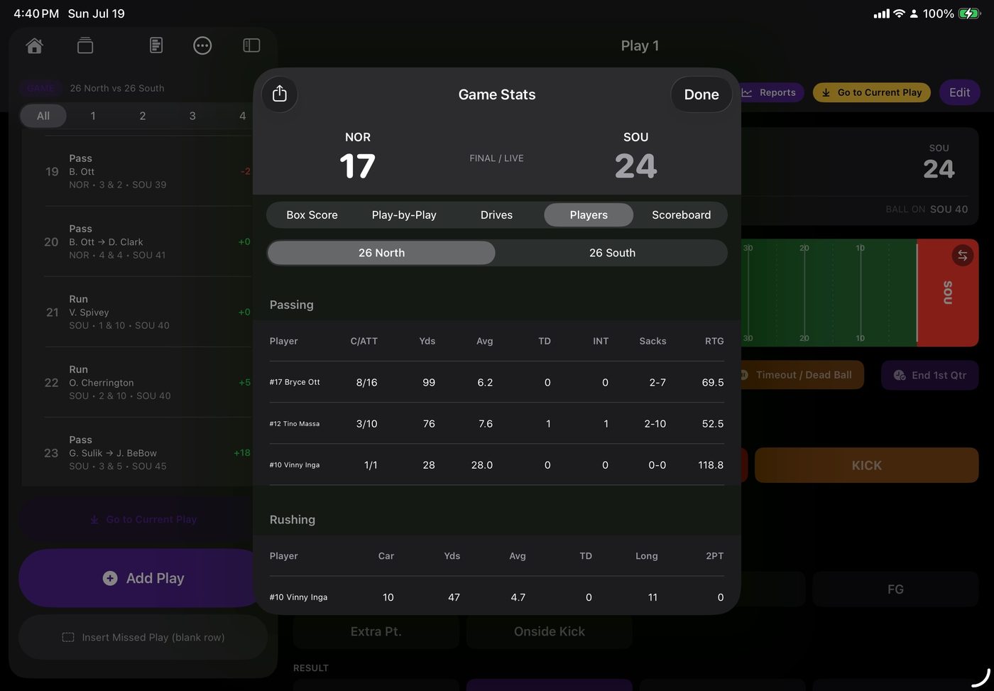Individual player stats: passing and rushing tables