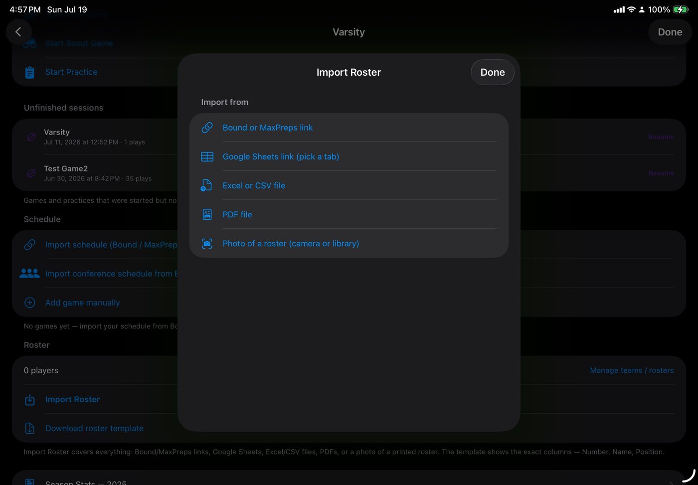 Import roster menu with five source options