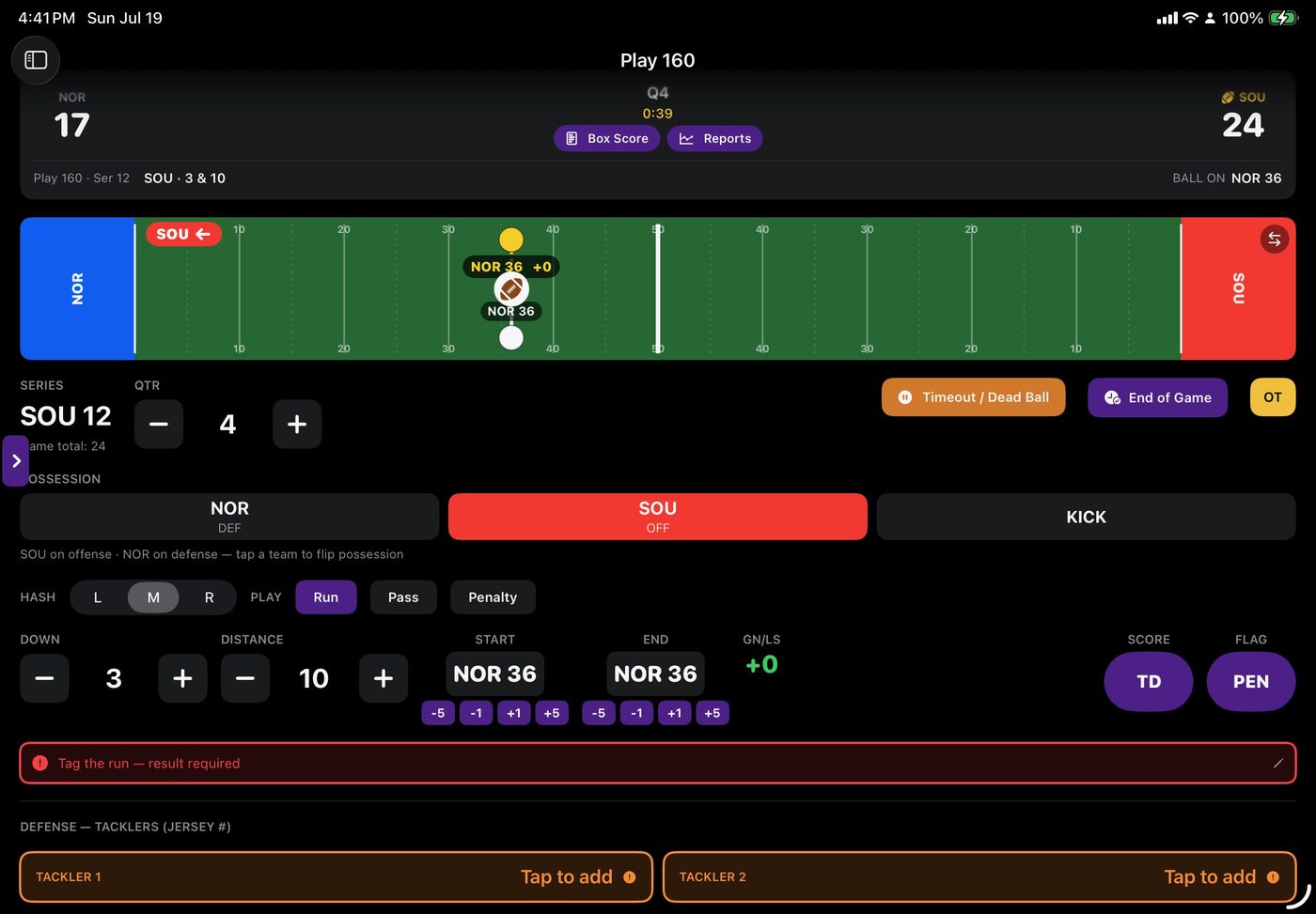 The main tagging screen: field view, score, possession, and play controls